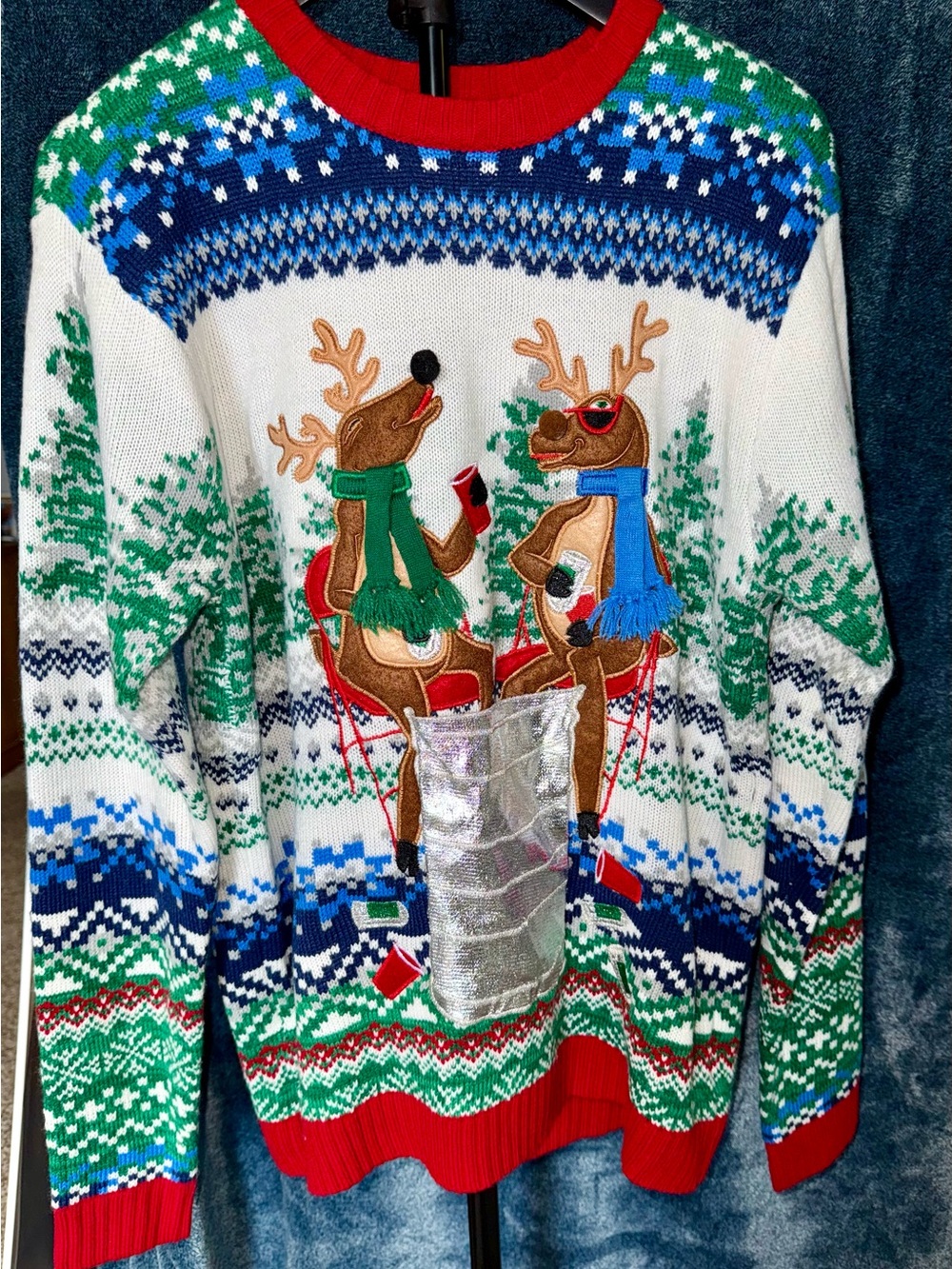 Blizzard Bay Reindeer Holiday Knit Sweater - Red, Green, Blue Size Medium